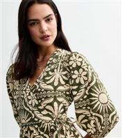 Women's Green Tile Pattern Wrap Front Midi Dress New Look
