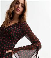 Women's Black Chiffon Rose Print Mini Dress New Look