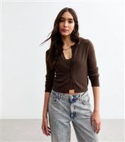 Women's Brown Crew Neck Fluffy Knit Cardigan New Look
