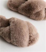 Women's Brown Crossover Faux Fur Mule Slippers New Look