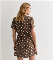 Women's Brown Polka-Dot Wrap-Front Mini Dress New Look