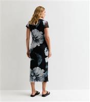 Women's Black Floral-Print Mesh Midi Dress New Look