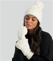 Cream Embellished Pom Pom Beanie Hat and Mittens South Beach New Look