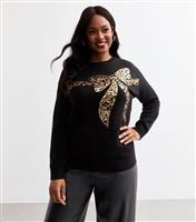 Women's Plus Size Black Leopard Bow Jumper Curves New Look