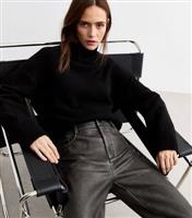 Women's Dark Grey Washed Effect Faux Leather Trousers New Look