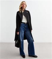 Women's Black Funnel Neck Belted Coat New Look