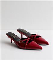 Women's Red Patent Kitten Heel Pointed Mules Vegan New Look