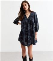 Women's Black Floral Print V-Neck Mini Smock Dress New Look