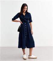 Women's Navy Tie Waist Midi Shirt Dress New Look