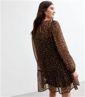 Women's Brown Leopard Print Chiffon Long Sleeve Mini Dress New Look