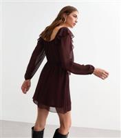 Women's Dark Brown Chiffon Ruffle Trim Mini Dress New Look