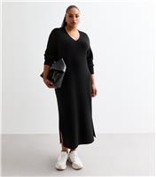 Women's Plus Size Black V-Neck Knit Midi Dress Curves New Look
