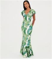 Women's Green Abstract Print Ruffle Maxi Dress WKNDGIRL New Look