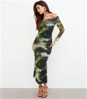 Women's Green Mesh Off-Shoulder Midi Dress WKNDGIRL New Look