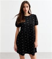 Women's Black Bow Print Crinkled Open Back Mini Dress New Look