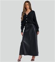 Women's Black Satin Ruched Detail Midi Skirt Finding Friday New Look