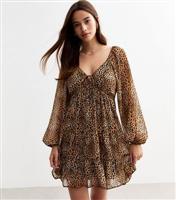 Women's Brown Chiffon Leopard Print Keyhole Mini Smock Dress New Look