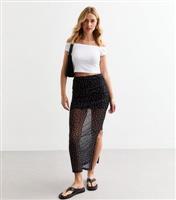 Women's Black Polka Dot Ruched Mesh Midi Skirt New Look