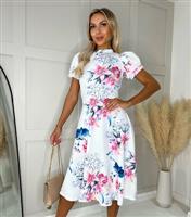 Women's White Floral Puff Sleeve Dress Missfiga New Look