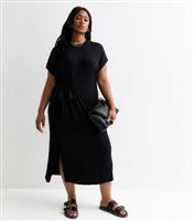 Women's Plus Size Black Tie Waist T-Shirt Dress Curves New Look
