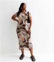 Women's Plus Size Brown Abstract Print Mesh Midi Dress Curves New Look