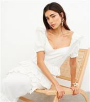 Women's Off White Linen-Blend Ruffle Maxi Dress WKNDGIRL New Look