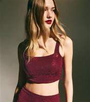 Women's Burgundy Sequinned Stretch Crop Top New Look