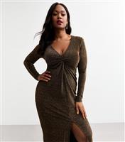Women's Plus Size Gold Twist Front Metallic Front Slit Midi Dress Curves New Look