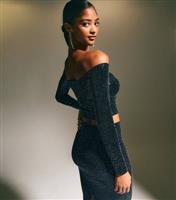 Women's Navy Sequin Bardot Long Sleeve Crop Top New Look