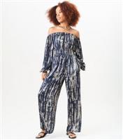 Women's Navy Shirred Abstract Print Bandeau Wide Leg Jumpsuit Gini London New Look