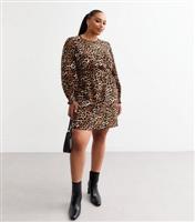 Women's Plus Size Brown Leopard Print Long Sleeve Mini Dress Curves New Look