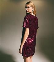 Women's Burgundy Sequin T-Shirt Mini Dress New Look