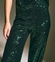 Women's Green Sequinned Stretch Mesh Wide Trousers New Look