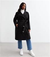 Women's Plus Size Black Belted Felt Coat Curves New Look