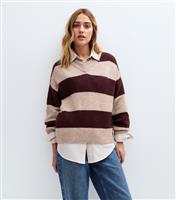 Women's Burgundy Striped V-Neck Jumper New Look