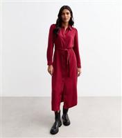 Women's Burgundy Belted Midi Shirt Dress New Look