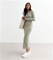 Women's Green Ribbed Striped Collared Midi Dress New Look