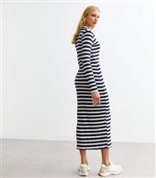 Women's Blue Ribbed Striped Collared Midi Dress New Look