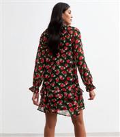 Women's Black Rose Print Chiffon Mini Dress New Look