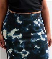 Women's Plus Size Blue Abstract Print Ruched Mesh Midi Skirt Curves New Look