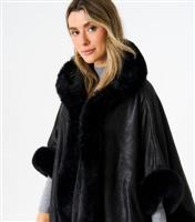 Black Faux Fur Trimmed Poncho Gini London New Look