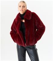 Women's Burgundy Faux Fur Collared Jacket Gini London New Look