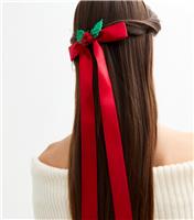 Red Christmas Holly Long Satin Bow Slide New Look