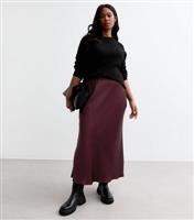 Women's Plus Size Burgundy Satin Bias Midi Skirt Curves New Look