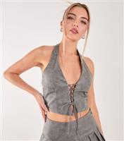 Women's Grey Faux Suede Corset Top Pink Vanilla New Look