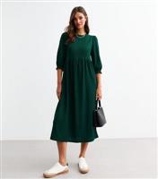 Women's Green Cropped Sleeve Textured Smock Dress New Look
