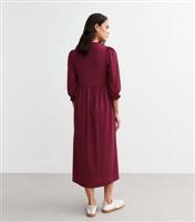 Women's Burgundy Cropped Sleeve Textured Smock Dress New Look