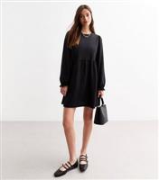 Women's Black Crinkle Long Sleeve Mini Smock Dress New Look