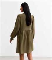 Women's Khaki Crinkle Long Sleeve Mini Smock Dress New Look