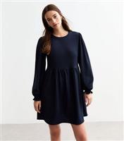 Women's Navy Crinkle Long Sleeve Mini Smock Dress New Look